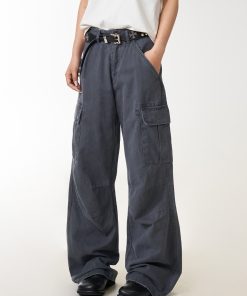 Vintage American-Style Women's Work Pants with Large Pockets, Loose Straight-Leg Trousers, Draping Effect, Versatile Fashion Statement