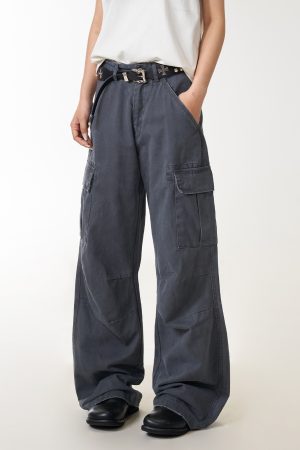 Vintage American-Style Women's Work Pants with Large Pockets, Loose Straight-Leg Trousers, Draping Effect, Versatile Fashion Statement