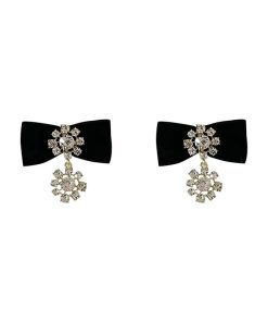 Vintage Baroque Exaggerated Earrings with Black Velvet Bow and Rhinestones - Statement Jewelry, Elegant Fashion Accessory