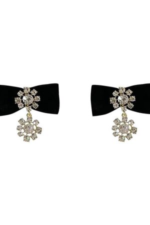 Vintage Baroque Exaggerated Earrings with Black Velvet Bow and Rhinestones - Statement Jewelry, Elegant Fashion Accessory