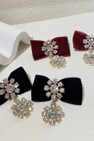 Vintage Baroque Exaggerated Earrings with Black Velvet Bow and Rhinestones - Statement Jewelry, Elegant Fashion Accessory