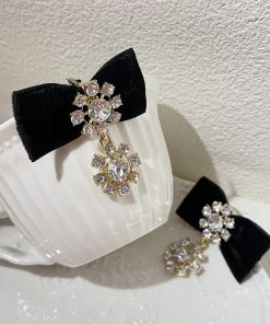 Vintage Baroque Exaggerated Earrings with Black Velvet Bow and Rhinestones - Statement Jewelry, Elegant Fashion Accessory