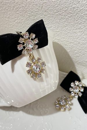 Vintage Baroque Exaggerated Earrings with Black Velvet Bow and Rhinestones - Statement Jewelry, Elegant Fashion Accessory