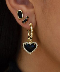 Vintage Black Agate Heart-Shaped Earrings with Diamond-Inlaid Gold, French Style Light Luxury, Hypoallergenic Silver Needles