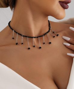 Vintage Black Beaded Tassel Crystal Pendant Necklace for Women - European and American Lolita High-End Jewelry Accessory