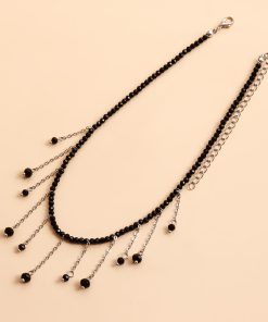 Vintage Black Beaded Tassel Crystal Pendant Necklace for Women - European and American Lolita High-End Jewelry Accessory