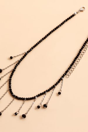 Vintage Black Beaded Tassel Crystal Pendant Necklace for Women - European and American Lolita High-End Jewelry Accessory