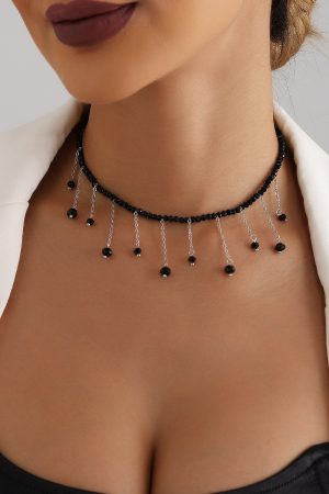 Vintage Black Beaded Tassel Crystal Pendant Necklace for Women - European and American Lolita High-End Jewelry Accessory