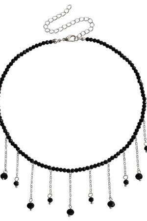 Vintage Black Beaded Tassel Crystal Pendant Necklace for Women - European and American Lolita High-End Jewelry Accessory