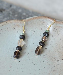 Vintage Black Earrings with Tea Crystal, Smoky Quartz, Black Onyx & S925 Silver - Gold-Plated Hooks, Hypoallergenic Style
