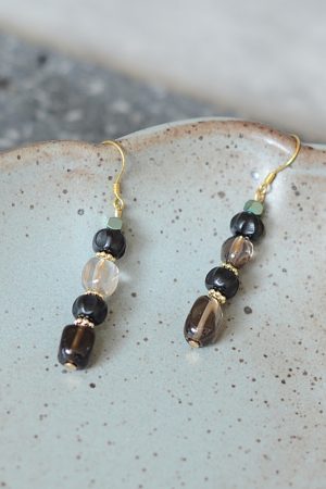 Vintage Black Earrings with Tea Crystal, Smoky Quartz, Black Onyx & S925 Silver - Gold-Plated Hooks, Hypoallergenic Style