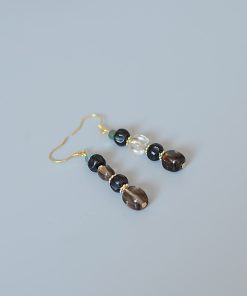 Vintage Black Earrings with Tea Crystal, Smoky Quartz, Black Onyx & S925 Silver - Gold-Plated Hooks, Hypoallergenic Style