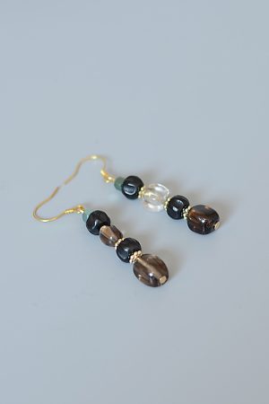 Vintage Black Earrings with Tea Crystal, Smoky Quartz, Black Onyx & S925 Silver - Gold-Plated Hooks, Hypoallergenic Style