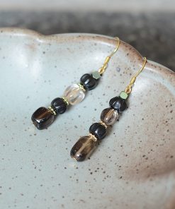 Vintage Black Earrings with Tea Crystal, Smoky Quartz, Black Onyx & S925 Silver - Gold-Plated Hooks, Hypoallergenic Style
