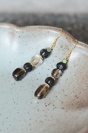 Vintage Black Earrings with Tea Crystal, Smoky Quartz, Black Onyx & S925 Silver - Gold-Plated Hooks, Hypoallergenic Style