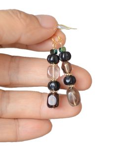 Vintage Black Earrings with Tea Crystal, Smoky Quartz, Black Onyx & S925 Silver - Gold-Plated Hooks, Hypoallergenic Style