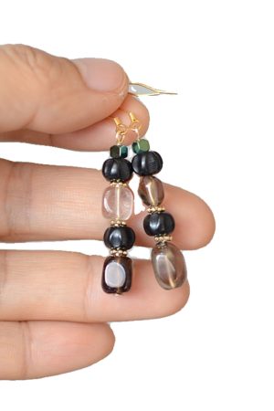 Vintage Black Earrings with Tea Crystal, Smoky Quartz, Black Onyx & S925 Silver - Gold-Plated Hooks, Hypoallergenic Style