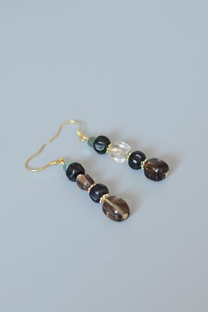 Vintage Black Earrings with Tea Crystal, Smoky Quartz, Black Onyx & S925 Silver - Gold-Plated Hooks, Hypoallergenic Style