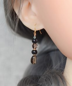 Vintage Black Earrings with Tea Crystal, Smoky Quartz, Black Onyx & S925 Silver - Gold-Plated Hooks, Hypoallergenic Style