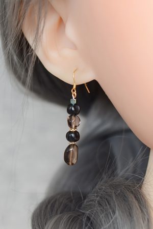 Vintage Black Earrings with Tea Crystal, Smoky Quartz, Black Onyx & S925 Silver - Gold-Plated Hooks, Hypoallergenic Style