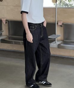Vintage Black Loose Fit Jeans for Men, Washed Draped Straight Leg Wide-Leg Pants, Casual 90s Style Fashion