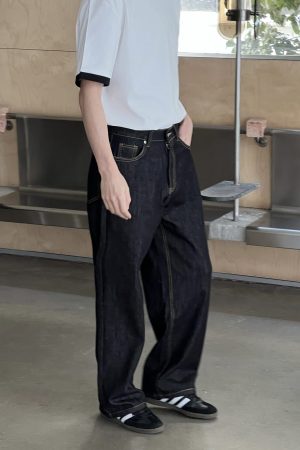 Vintage Black Loose Fit Jeans for Men, Washed Draped Straight Leg Wide-Leg Pants, Casual 90s Style Fashion