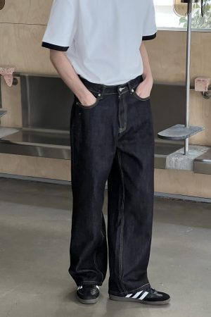Vintage Black Loose Fit Jeans for Men, Washed Draped Straight Leg Wide-Leg Pants, Casual 90s Style Fashion