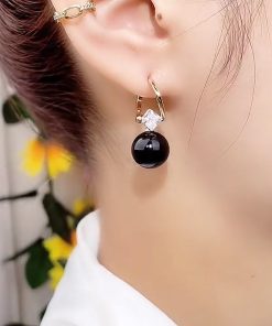 Vintage Black Pearl Ear Clips with Lucky Beads and Zirconia - Elegant Pure Silver Pin Earrings for Women