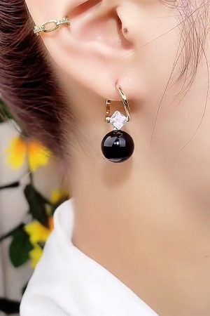Vintage Black Pearl Ear Clips with Lucky Beads and Zirconia - Elegant Pure Silver Pin Earrings for Women