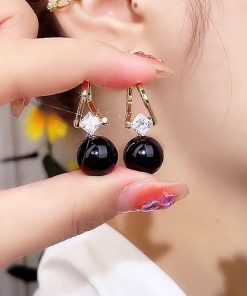 Vintage Black Pearl Ear Clips with Lucky Beads and Zirconia - Elegant Pure Silver Pin Earrings for Women
