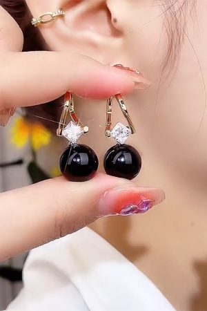Vintage Black Pearl Ear Clips with Lucky Beads and Zirconia - Elegant Pure Silver Pin Earrings for Women