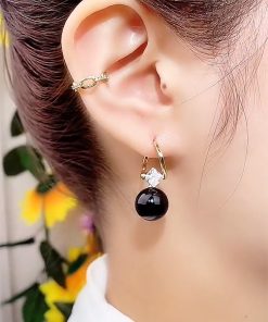 Vintage Black Pearl Ear Clips with Lucky Beads and Zirconia - Elegant Pure Silver Pin Earrings for Women