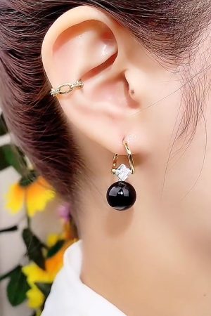 Vintage Black Pearl Ear Clips with Lucky Beads and Zirconia - Elegant Pure Silver Pin Earrings for Women