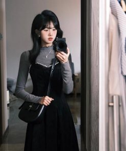 Vintage Black Velvet Camisole Dress for Women - Waist-Cinching, Elegant Long Skirt Knitted Set for Autumn, Y2K Style