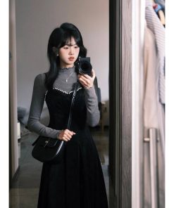 Vintage Black Velvet Camisole Dress for Women - Waist-Cinching, Elegant Long Skirt Knitted Set for Autumn, Y2K Style