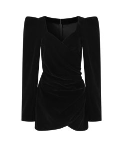 Vintage Black Velvet Sweet Party Dress with Low Square Neck and Puff Sleeves - Women's High Waist Short Skirt, Y2K Style