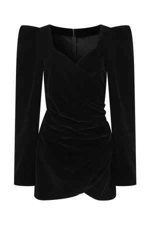 Vintage Black Velvet Sweet Party Dress with Low Square Neck and Puff Sleeves - Women's High Waist Short Skirt, Y2K Style
