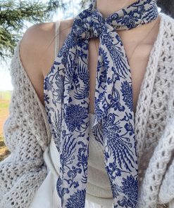 Vintage Blue and White Porcelain Print Long Silk Scarf - Light Luxury High-End Fashion Accessory for Women
