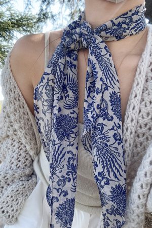 Vintage Blue and White Porcelain Print Long Silk Scarf - Light Luxury High-End Fashion Accessory for Women