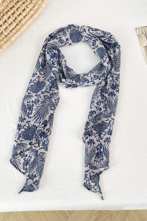 Vintage Blue and White Porcelain Print Long Silk Scarf - Light Luxury High-End Fashion Accessory for Women