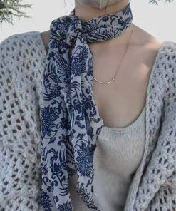 Vintage Blue and White Porcelain Print Long Silk Scarf - Light Luxury High-End Fashion Accessory for Women