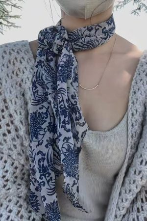 Vintage Blue and White Porcelain Print Long Silk Scarf - Light Luxury High-End Fashion Accessory for Women