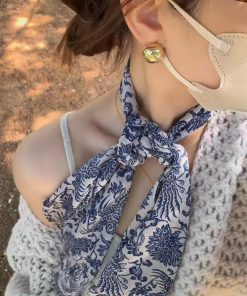 Vintage Blue and White Porcelain Print Long Silk Scarf - Light Luxury High-End Fashion Accessory for Women