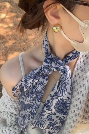 Vintage Blue and White Porcelain Print Long Silk Scarf - Light Luxury High-End Fashion Accessory for Women