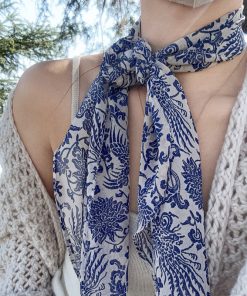 Vintage Blue and White Porcelain Print Long Silk Scarf - Light Luxury High-End Fashion Accessory for Women