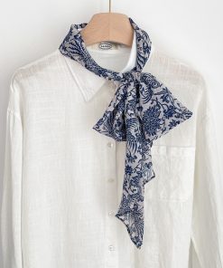 Vintage Blue and White Porcelain Print Long Silk Scarf - Light Luxury High-End Fashion Accessory for Women