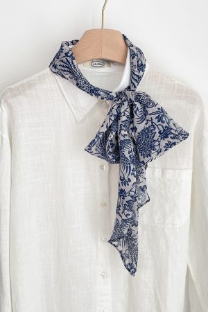 Vintage Blue and White Porcelain Print Long Silk Scarf - Light Luxury High-End Fashion Accessory for Women