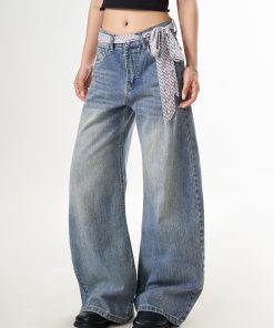 Vintage Blue Denim Pants for Women, Washed Creased Straight Leg, Curved Knife Design, Loose Fit Casual Trousers, Trendy Y2K Fashion