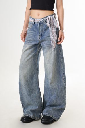 Vintage Blue Denim Pants for Women, Washed Creased Straight Leg, Curved Knife Design, Loose Fit Casual Trousers, Trendy Y2K Fashion