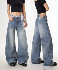 Vintage Blue Denim Pants for Women, Washed Creased Straight Leg, Curved Knife Design, Loose Fit Casual Trousers, Trendy Y2K Fashion